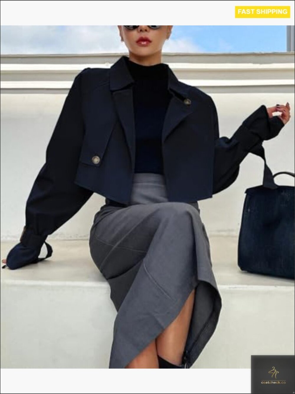 Cropped Trench Coat Y2K Chic Classic Double-Breasted Lapel Casual Outerwear - Picture 4 of 7